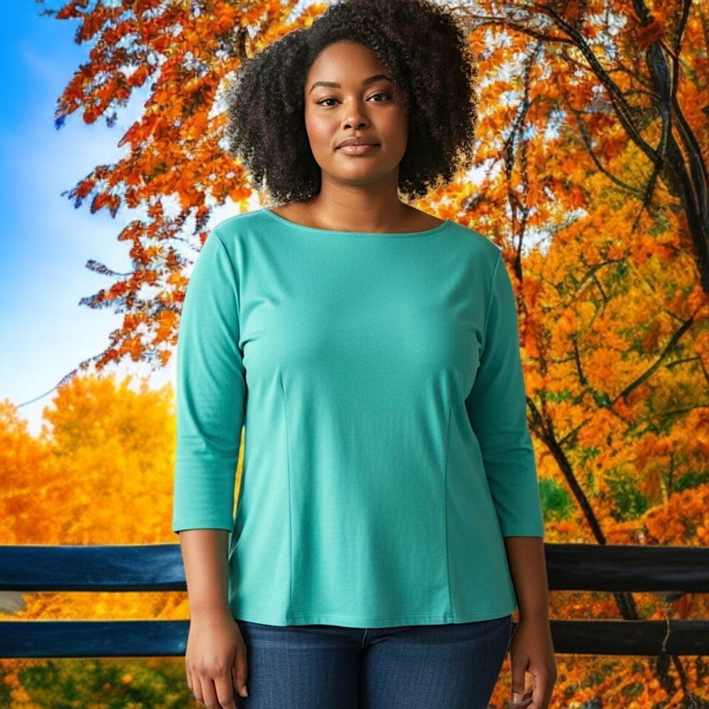 Laura Byrnes California Top 4X Teal Zipper Back Stretch Knit Boat Neck Plus Size